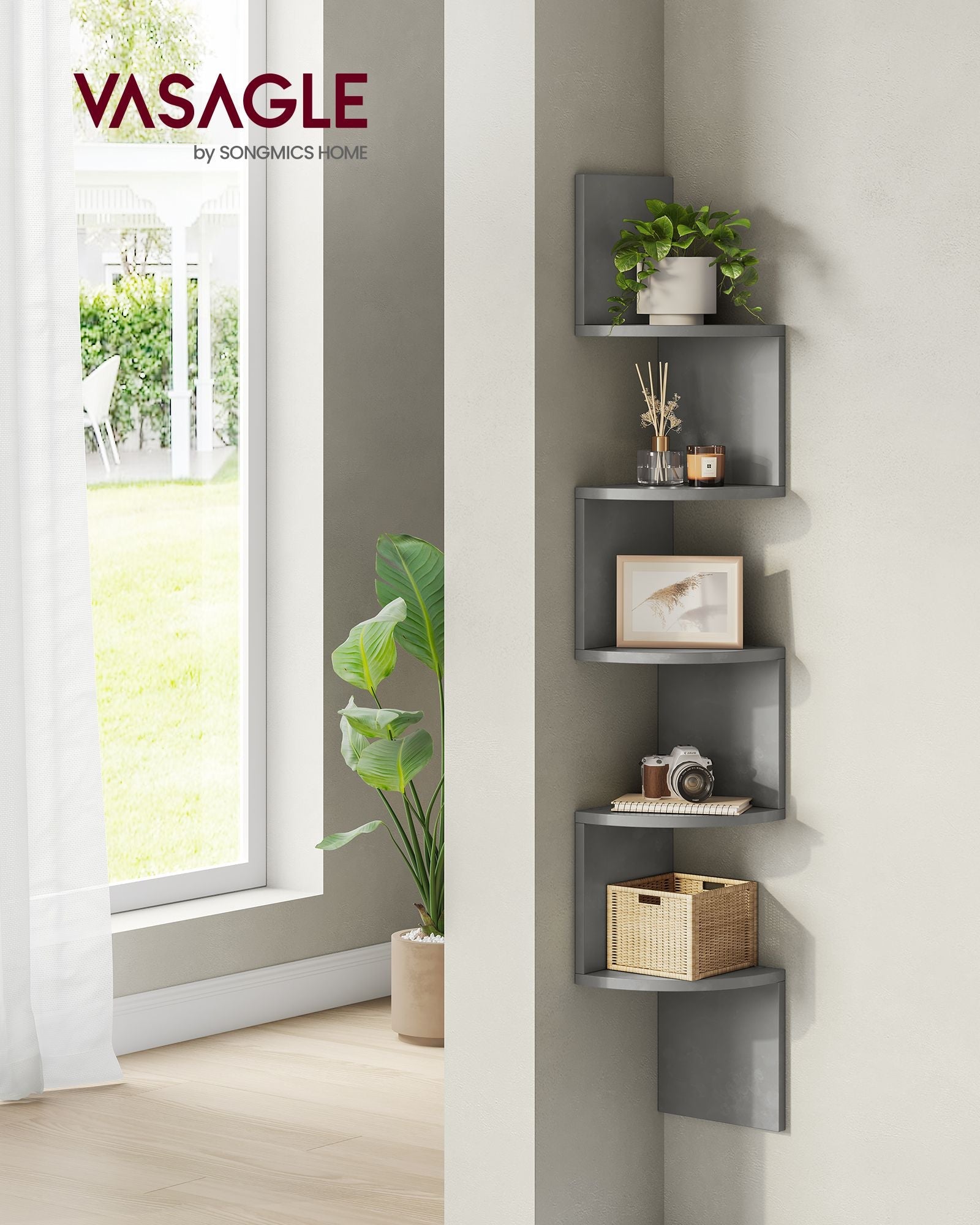 5-Tier Wall-Mounted Corner Shelf – Wood – Dove Grey – Versatile Display for Living Room, Study, Kitchen, and Bedroom