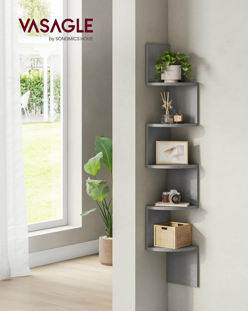 5-Tier Wall-Mounted Corner Shelf – Wood – Dove Grey – Versatile Display for Living Room, Study, Kitchen, and Bedroom