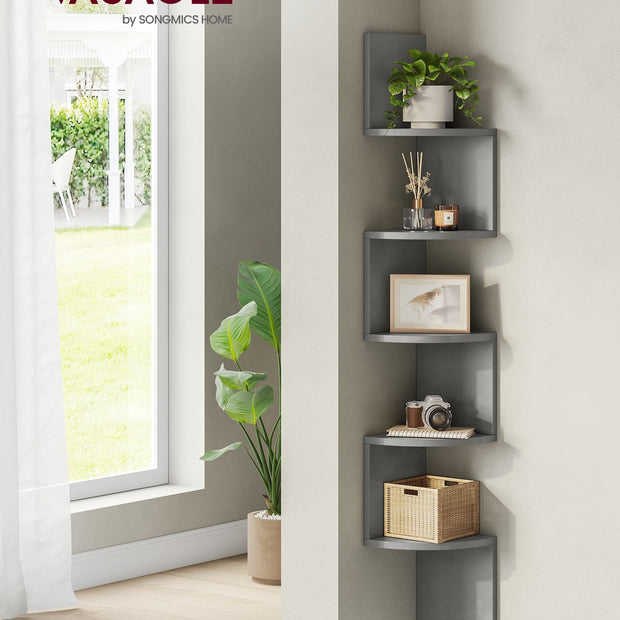 5-Tier Wall-Mounted Corner Shelf – Wood – Dove Grey – Versatile Display for Living Room, Study, Kitchen, and Bedroom