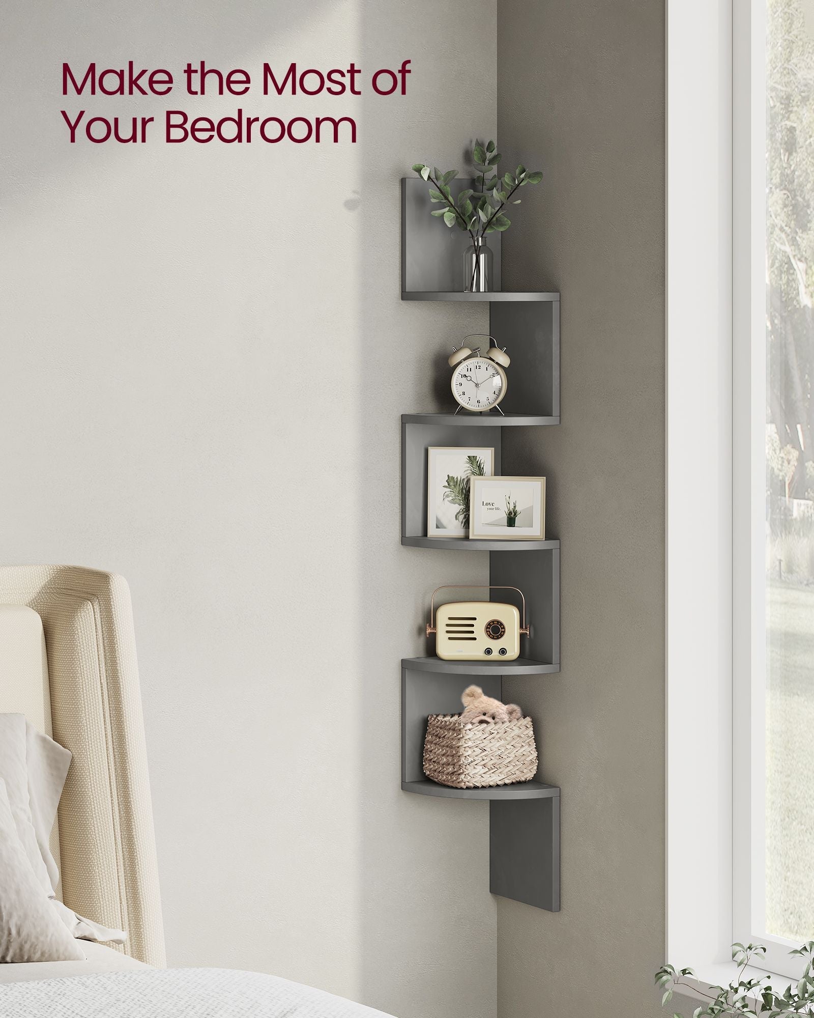 5-Tier Wall-Mounted Corner Shelf – Wood – Dove Grey – Versatile Display for Living Room, Study, Kitchen, and Bedroom