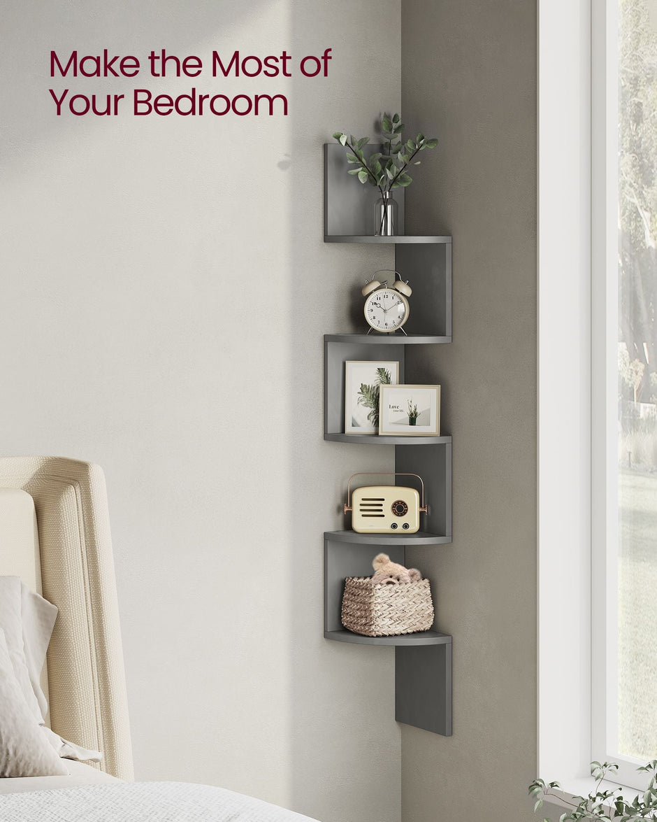 5-Tier Wall-Mounted Corner Shelf – Wood – Dove Grey – Versatile Display for Living Room, Study, Kitchen, and Bedroom