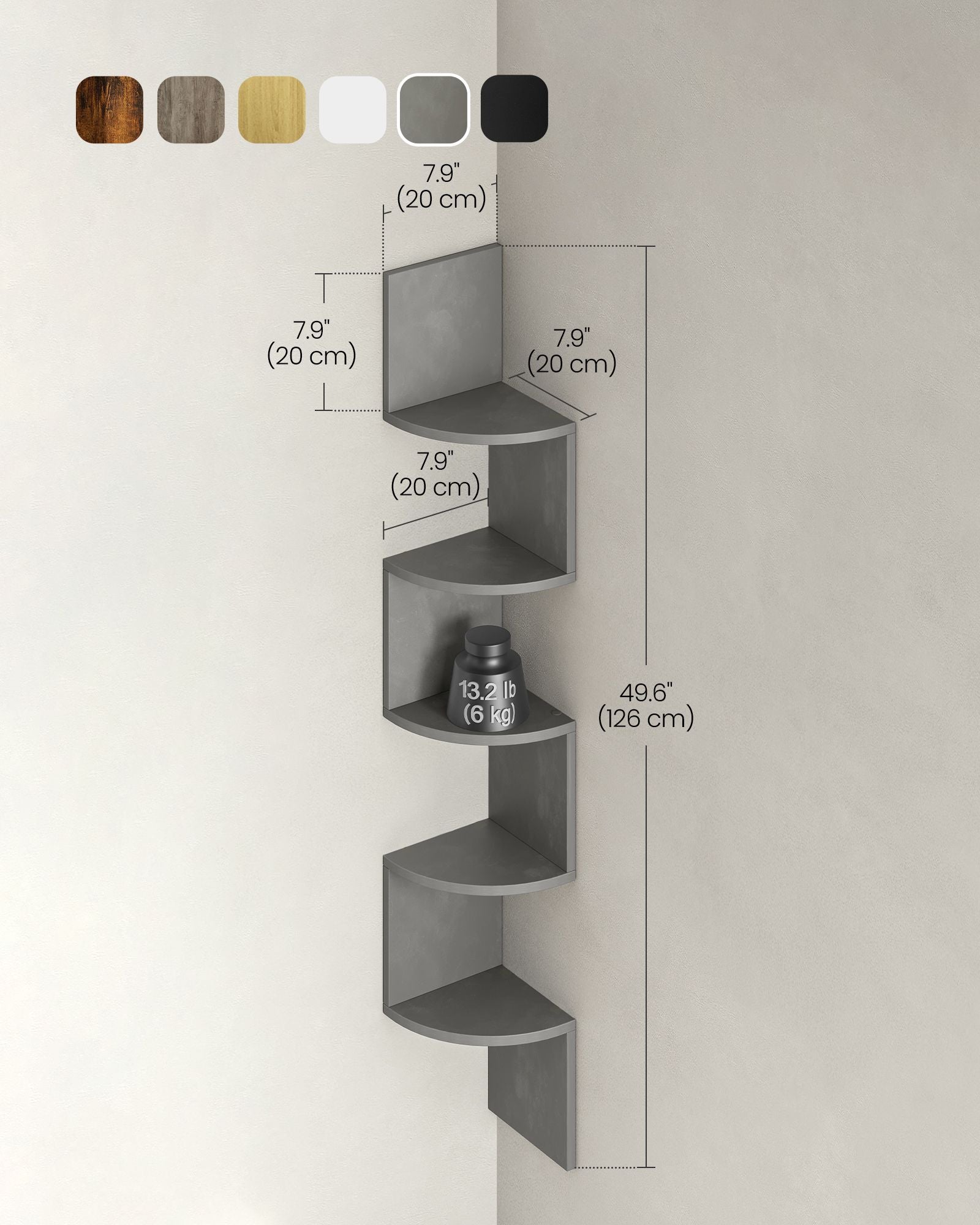 5-Tier Wall-Mounted Corner Shelf – Wood – Dove Grey – Versatile Display for Living Room, Study, Kitchen, and Bedroom