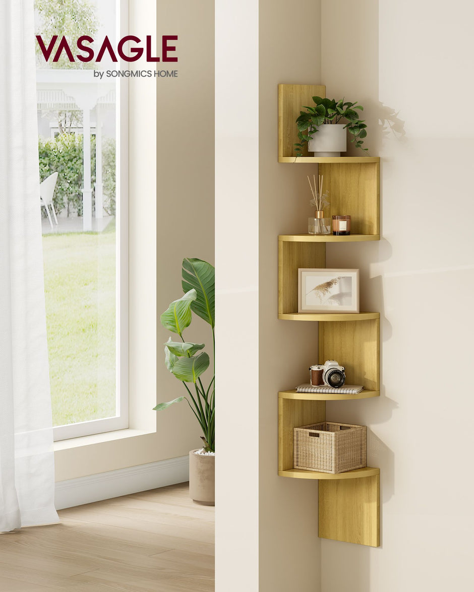 5-Tier Wall-Mounted Corner Shelf – Natural Oak – Modern Design – Ideal for Displaying Plants and Decorations
