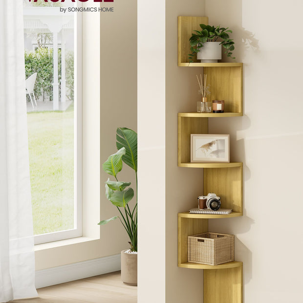 5-Tier Wall-Mounted Corner Shelf – Natural Oak – Modern Design – Ideal for Displaying Plants and Decorations