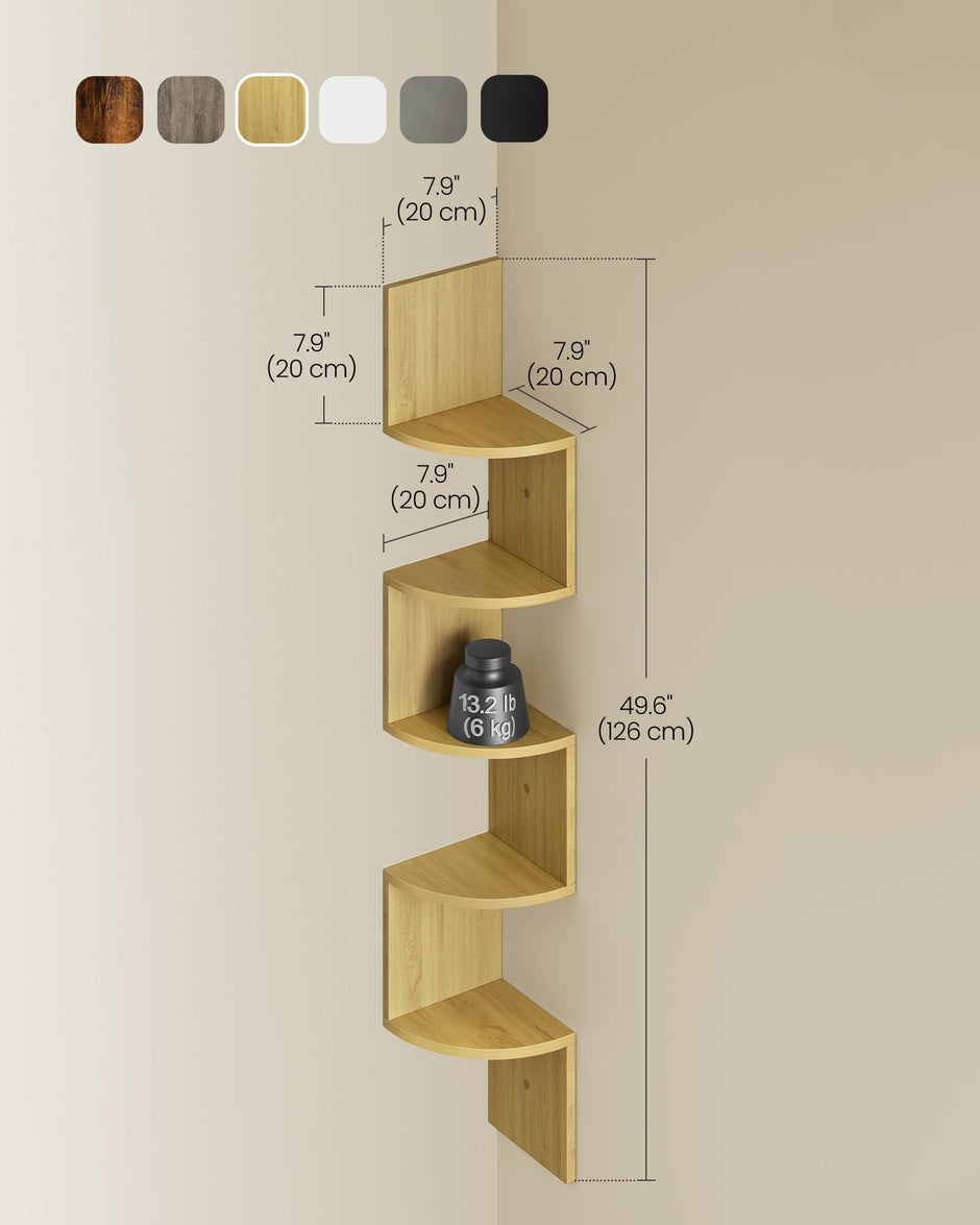 5-Tier Wall-Mounted Corner Shelf – Natural Oak – Modern Design – Ideal for Displaying Plants and Decorations