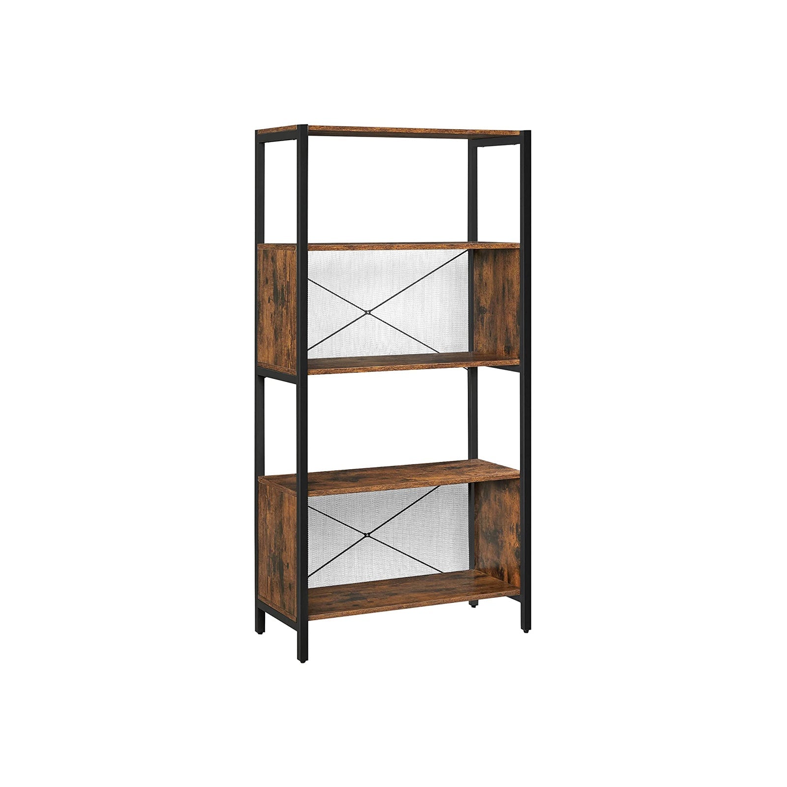 Bookcase – Wood and Metal – Rustic Brown and Black – 5-Tier with Mesh Backs