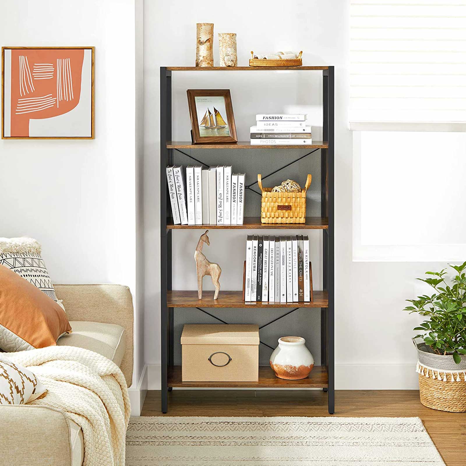 Bookcase – Wood and Metal – Rustic Brown and Black – 5-Tier with Mesh Backs