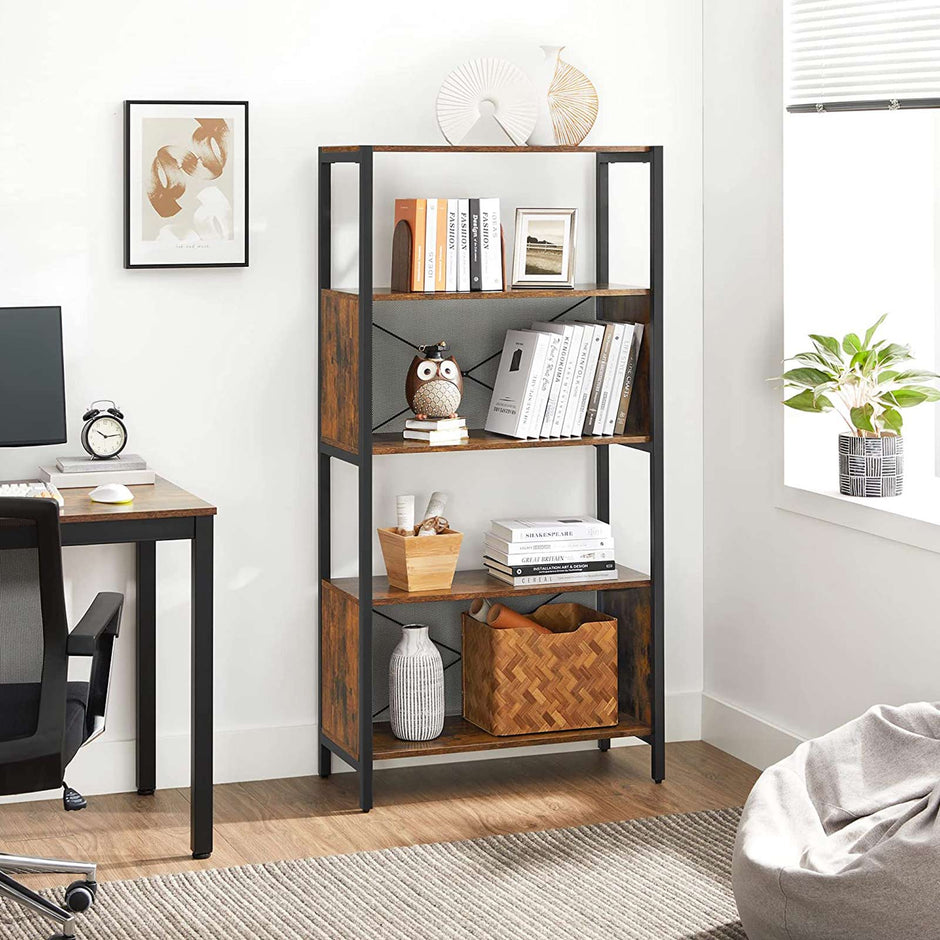 Bookcase – Wood and Metal – Rustic Brown and Black – 5-Tier with Mesh Backs