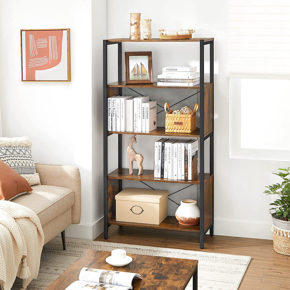 Bookcase – Wood and Metal – Rustic Brown and Black – 5-Tier with Mesh Backs