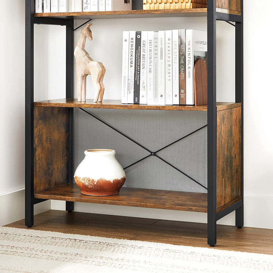 Bookcase – Wood and Metal – Rustic Brown and Black – 5-Tier with Mesh Backs