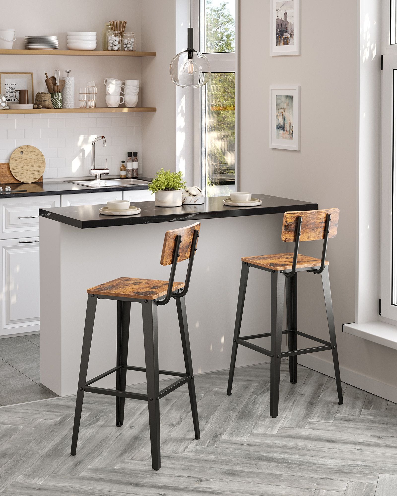 Industrial Steel Bar Stools Set of 2 – Steel – Rustic Brown and Black – Easy Assembly with Backrests