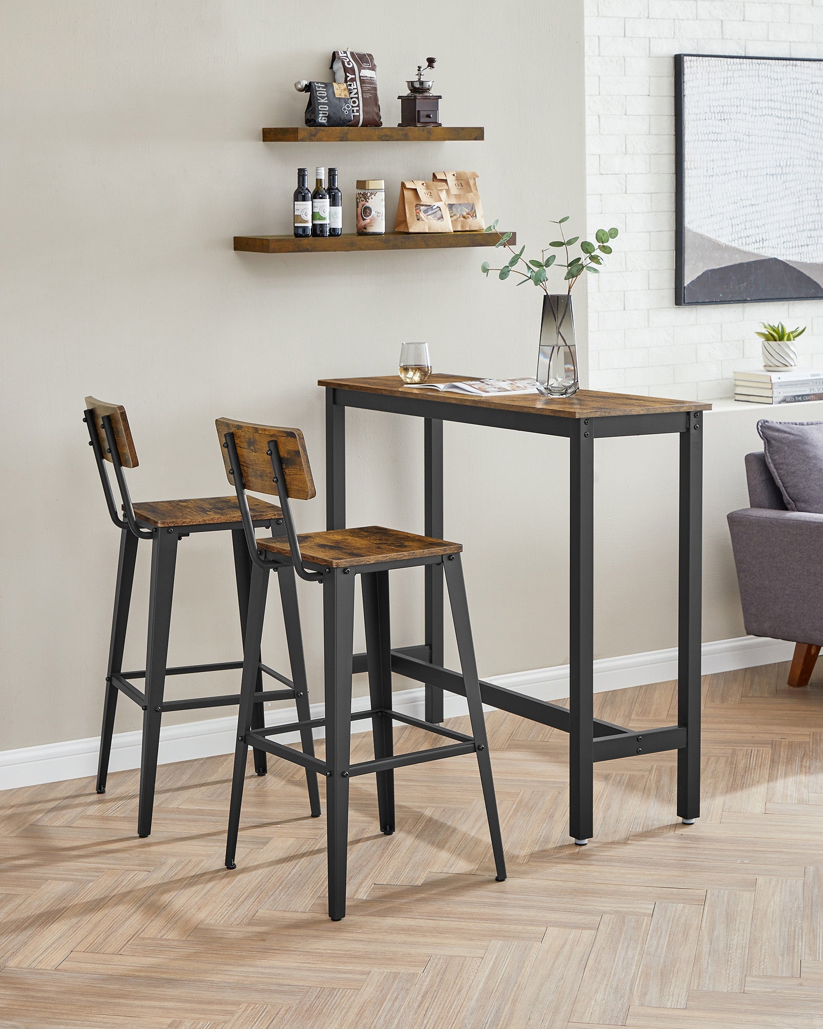 Industrial Steel Bar Stools Set of 2 – Steel – Rustic Brown and Black – Easy Assembly with Backrests