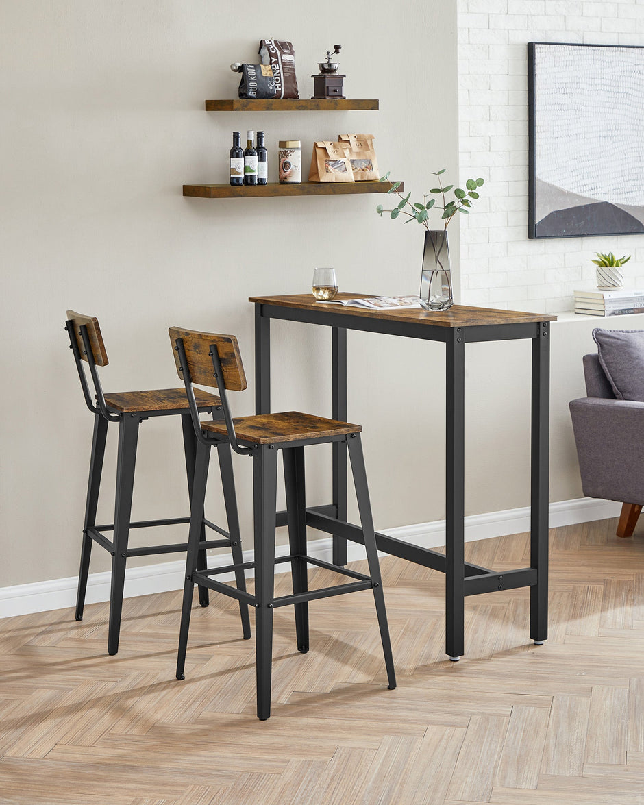 Industrial Steel Bar Stools Set of 2 – Steel – Rustic Brown and Black – Easy Assembly with Backrests