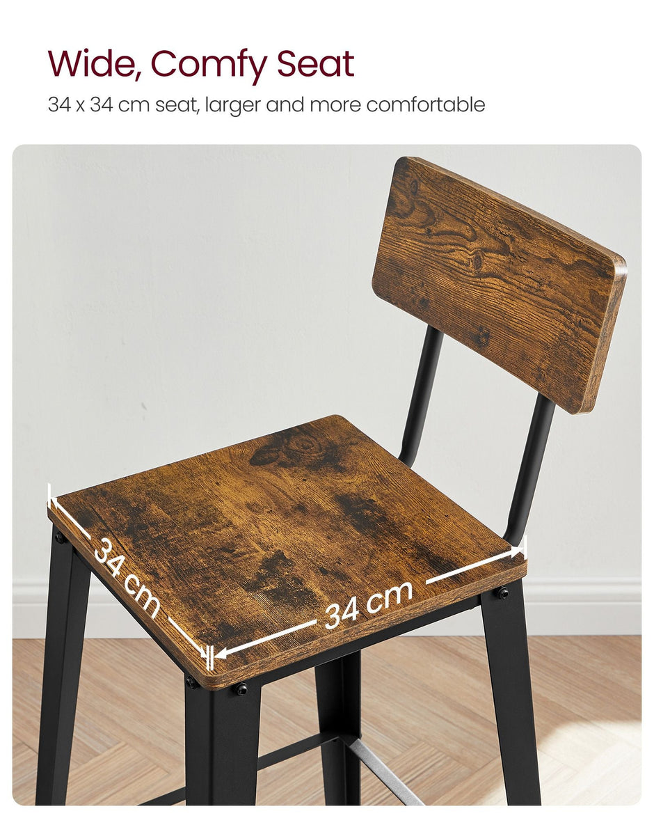 Industrial Steel Bar Stools Set of 2 – Steel – Rustic Brown and Black – Easy Assembly with Backrests