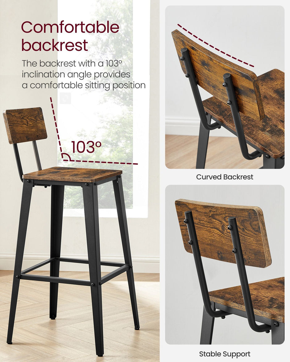 Industrial Steel Bar Stools Set of 2 – Steel – Rustic Brown and Black – Easy Assembly with Backrests