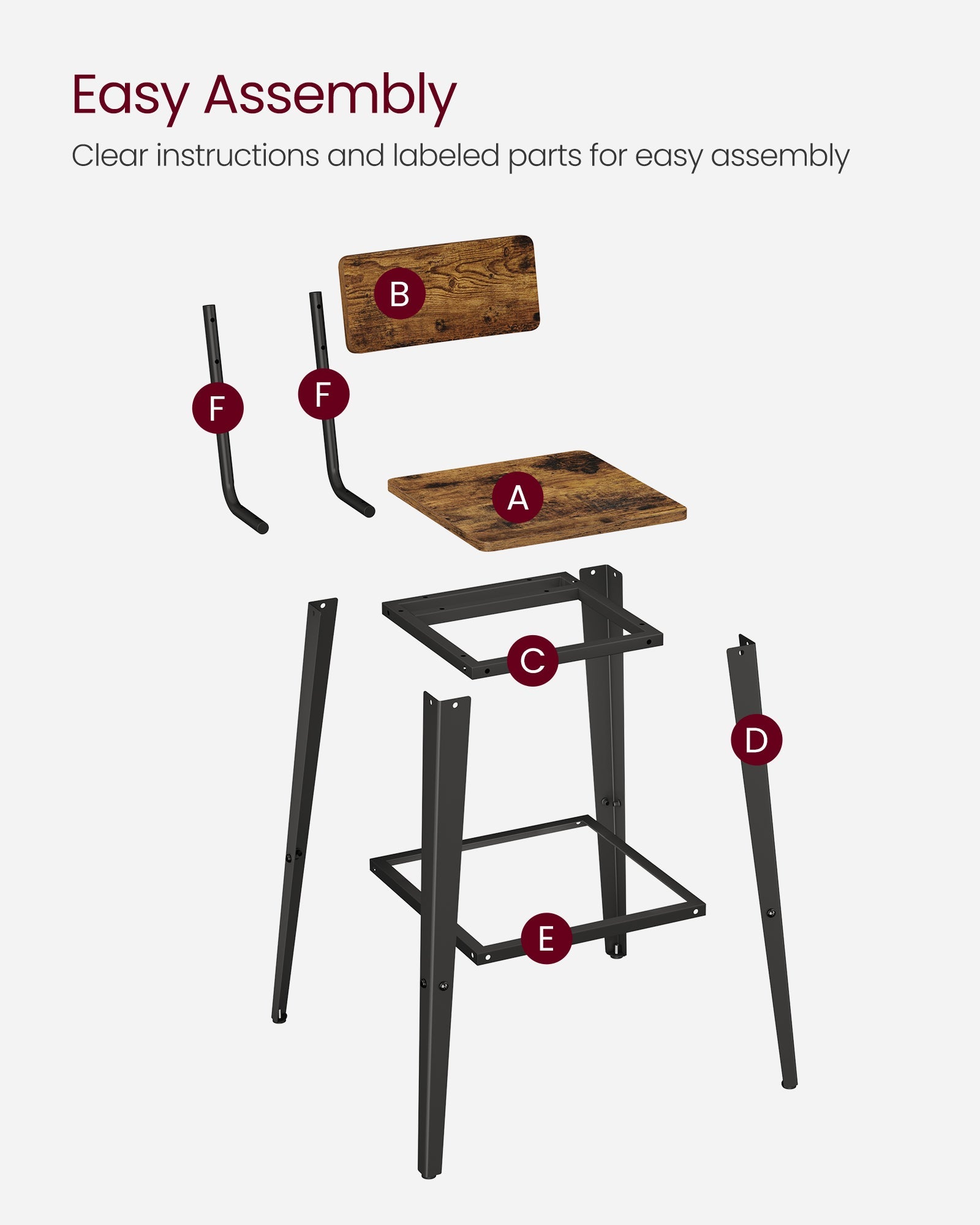 Industrial Steel Bar Stools Set of 2 – Steel – Rustic Brown and Black – Easy Assembly with Backrests