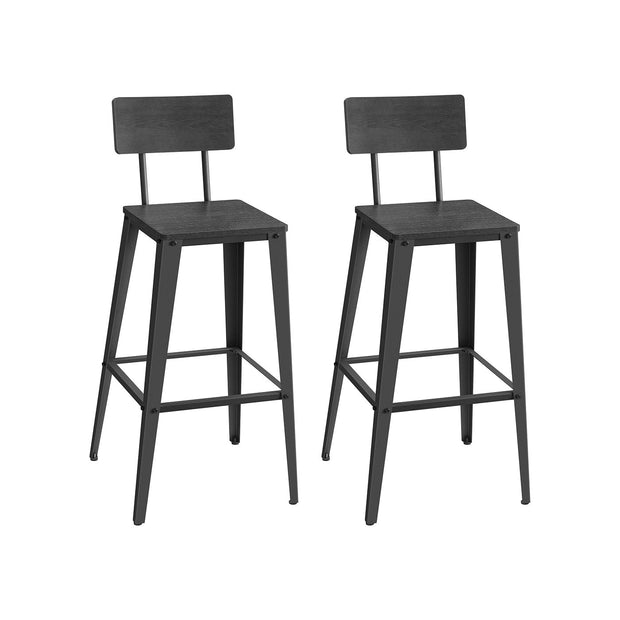 Bar Stool Set of 2 – Steel Frame – Ash Black and Ink Black – Backrest and Easy Assembly