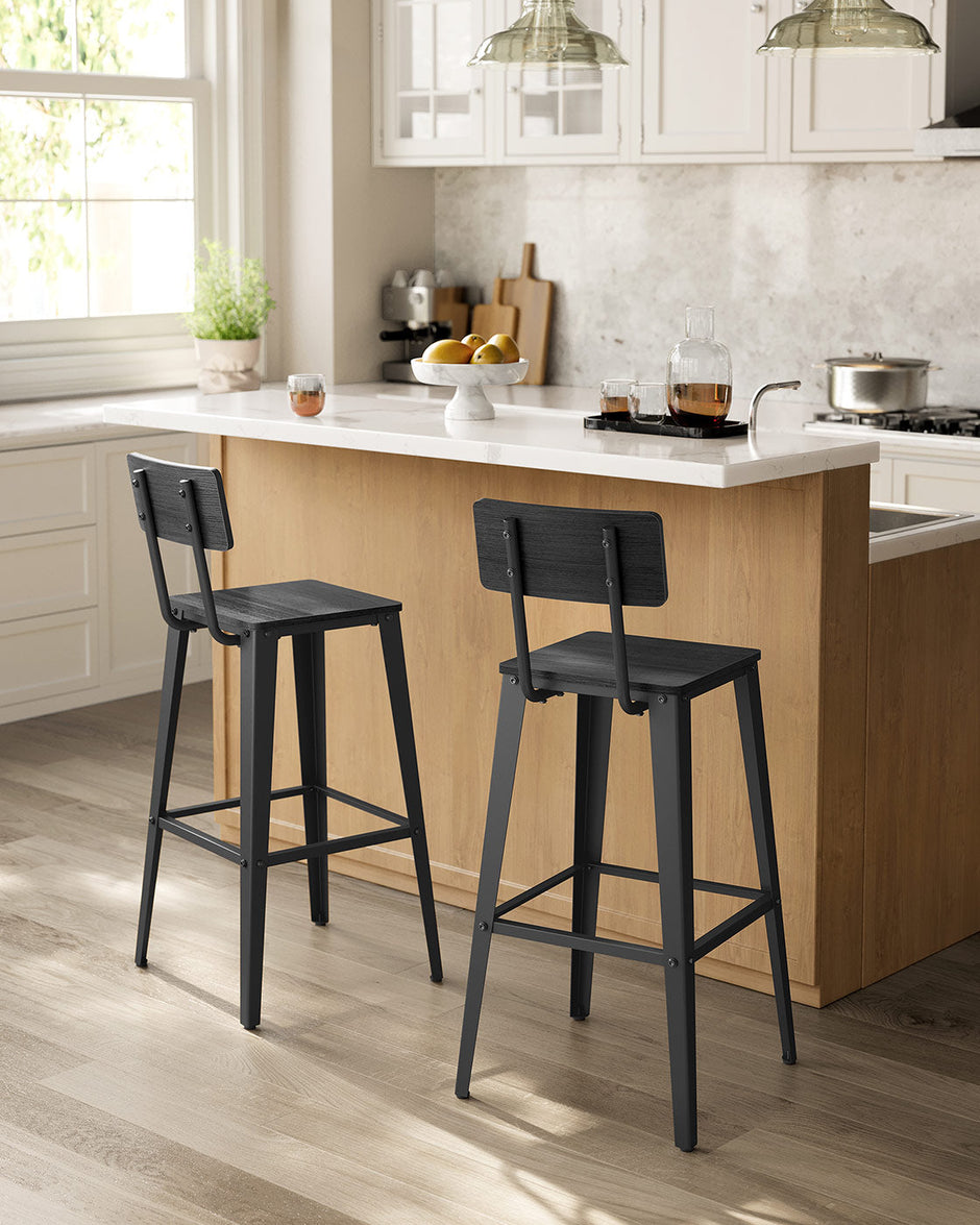Bar Stool Set of 2 – Steel Frame – Ash Black and Ink Black – Backrest and Easy Assembly