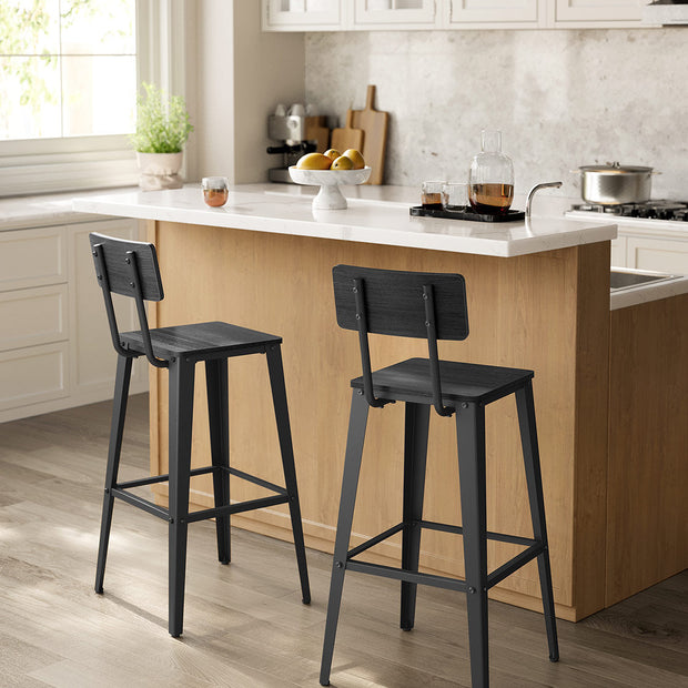 Bar Stool Set of 2 – Steel Frame – Ash Black and Ink Black – Backrest and Easy Assembly