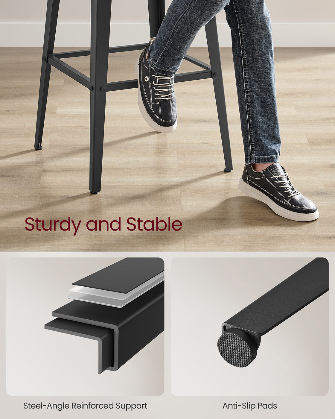 Bar Stool Set of 2 – Steel Frame – Ash Black and Ink Black – Backrest and Easy Assembly