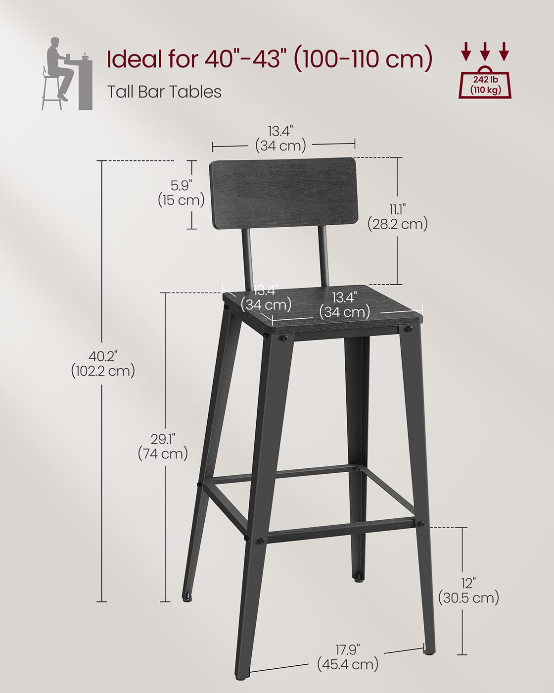 Bar Stool Set of 2 – Steel Frame – Ash Black and Ink Black – Backrest and Easy Assembly