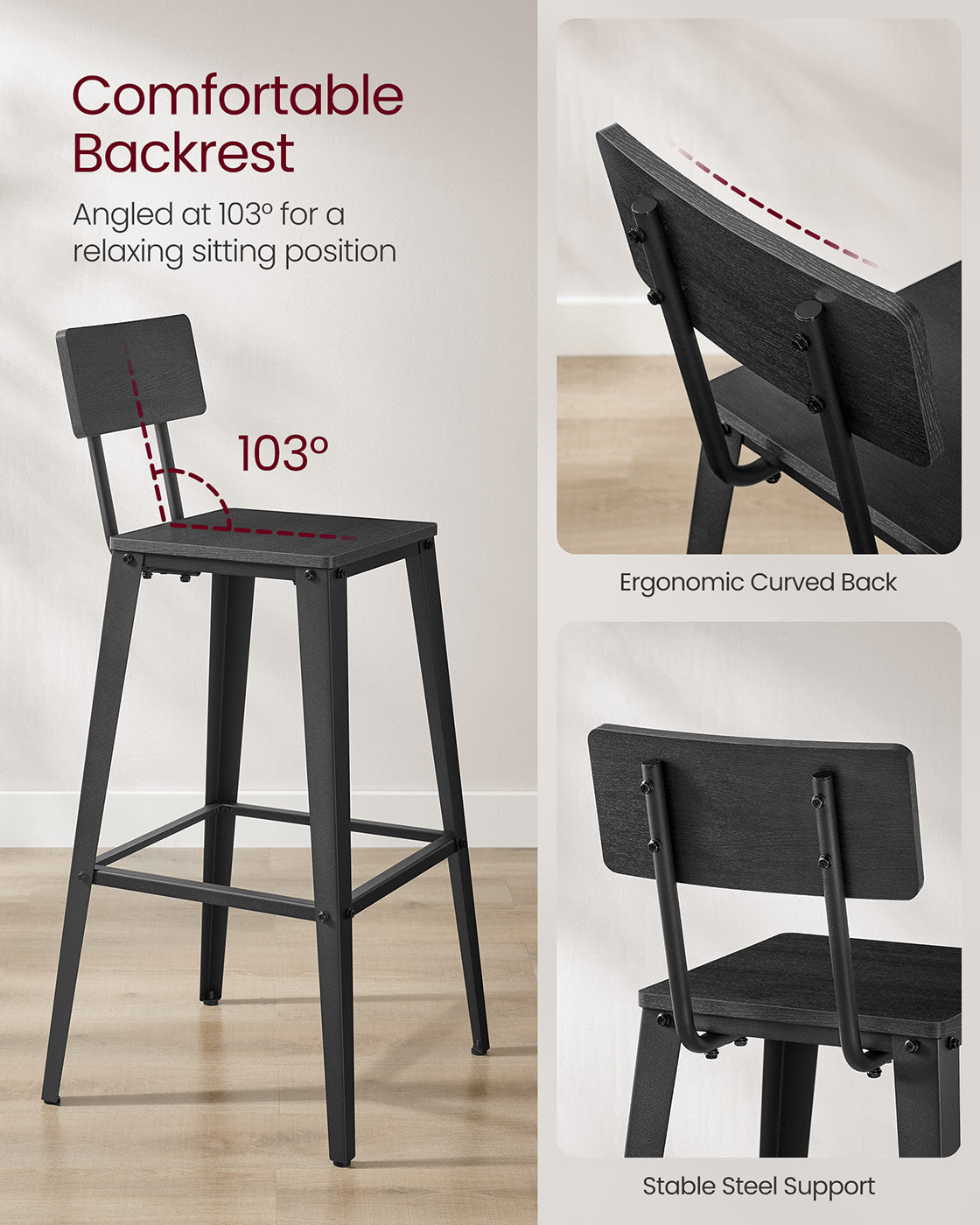 Bar Stool Set of 2 – Steel Frame – Ash Black and Ink Black – Backrest and Easy Assembly