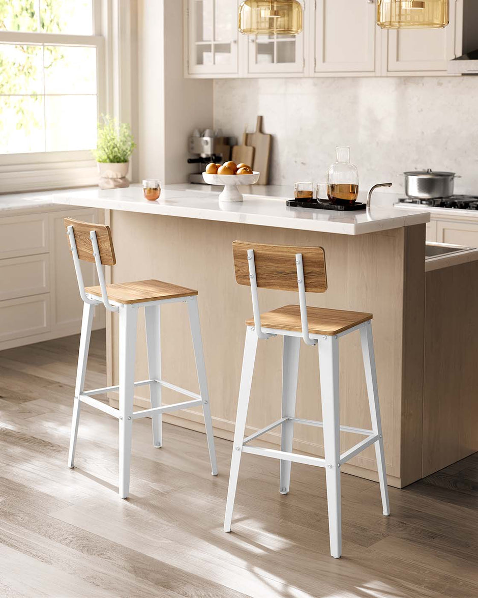 Bar Stool Set – Steel Frame – Wheat Brown and Cloud White – Backrest, Easy Assembly