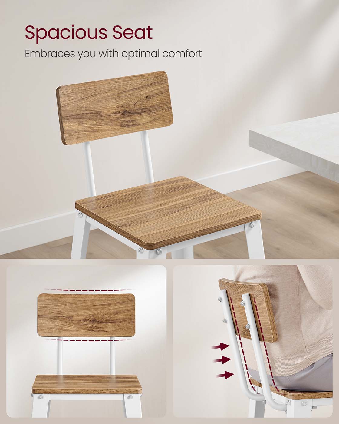 Bar Stool Set – Steel Frame – Wheat Brown and Cloud White – Backrest, Easy Assembly