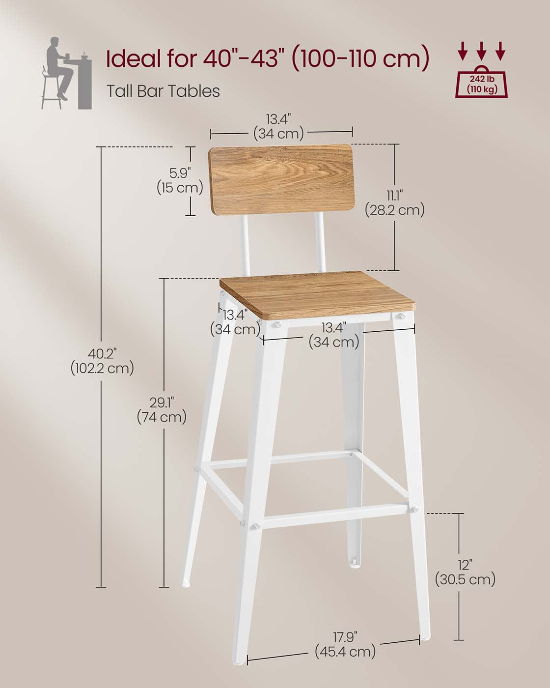 Bar Stool Set – Steel Frame – Wheat Brown and Cloud White – Backrest, Easy Assembly