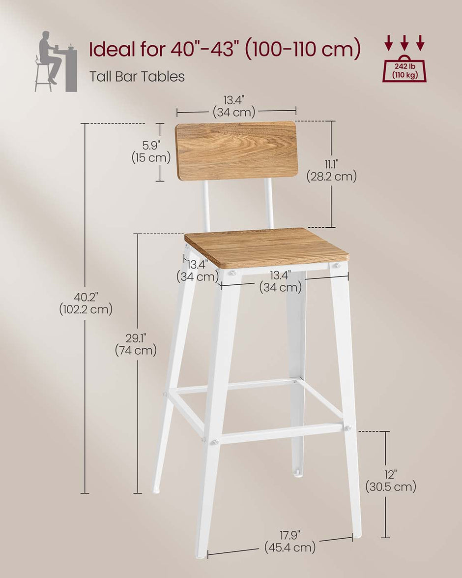 Bar Stool Set – Steel Frame – Wheat Brown and Cloud White – Backrest, Easy Assembly