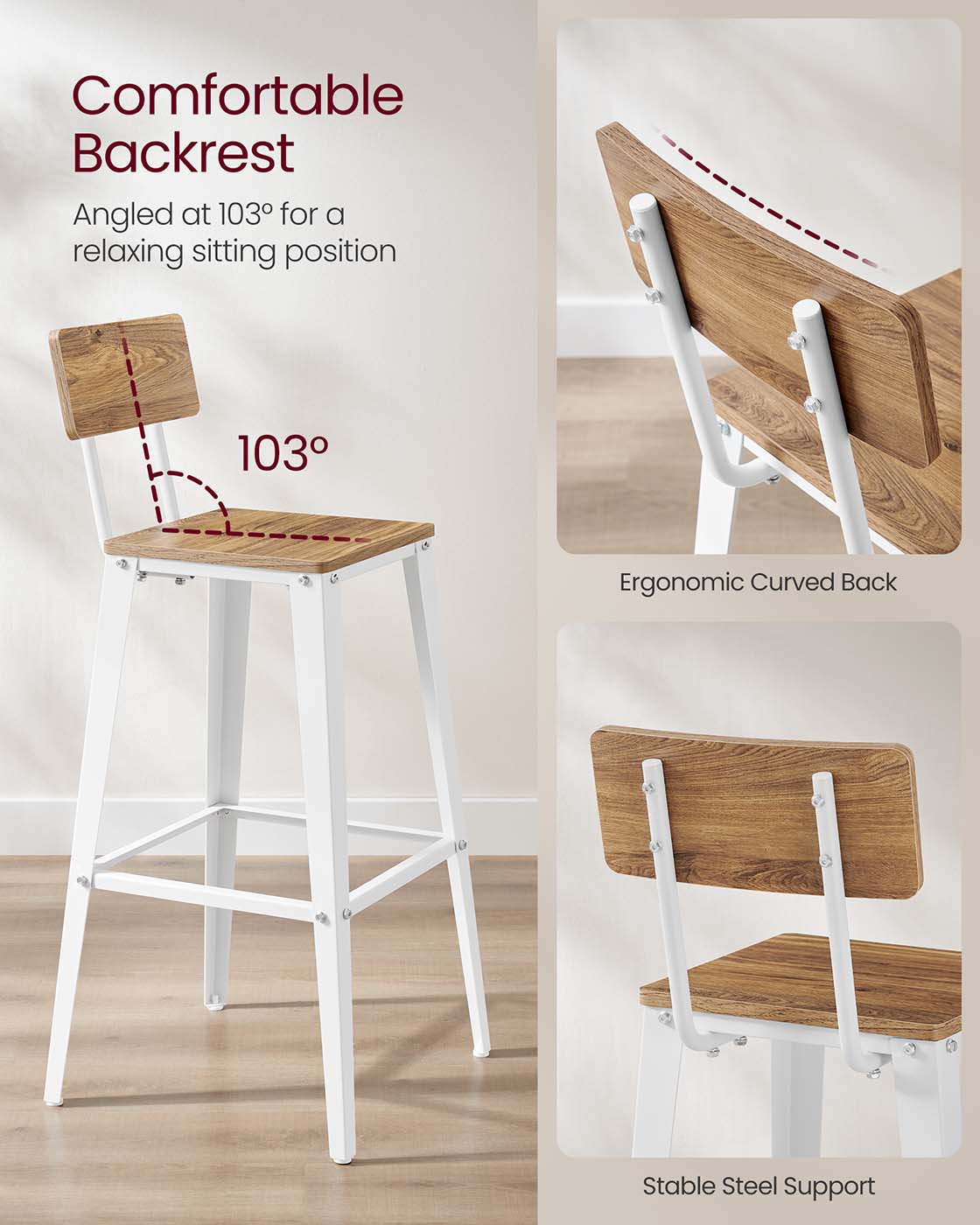Bar Stool Set – Steel Frame – Wheat Brown and Cloud White – Backrest, Easy Assembly