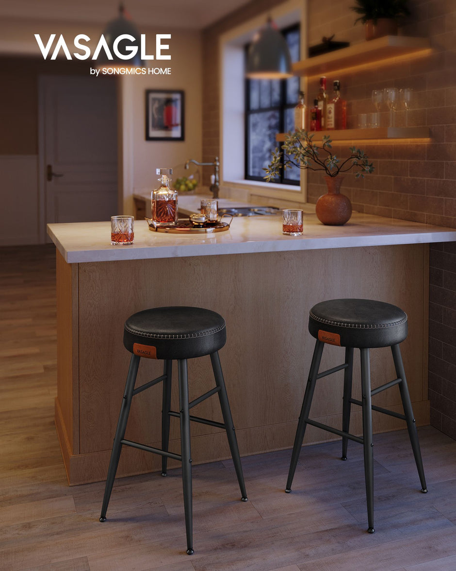 Bar Stools Set of 2 – Synthetic Leather – Black – 63 cm Tall with Easy Assembly