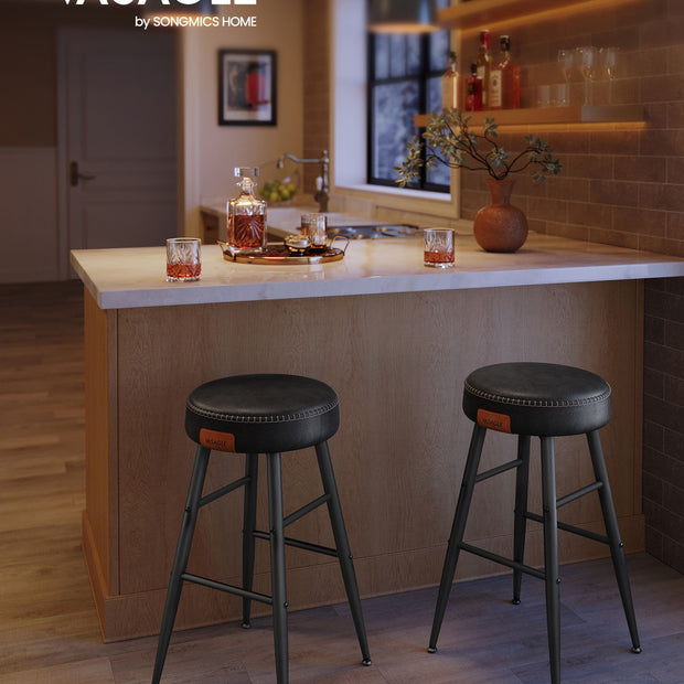 Bar Stools Set of 2 – Synthetic Leather – Black – 63 cm Tall with Easy Assembly