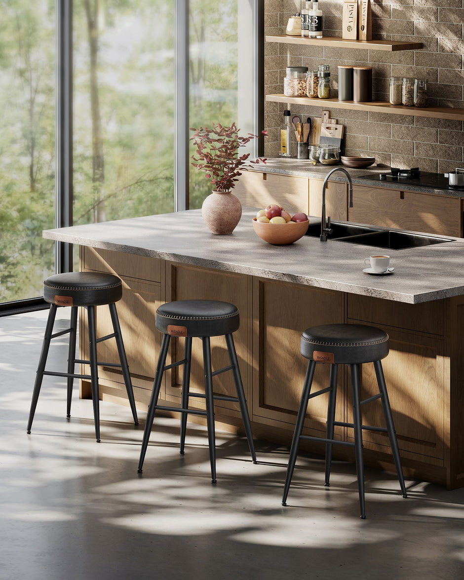 Bar Stools Set of 2 – Synthetic Leather – Black – 63 cm Tall with Easy Assembly