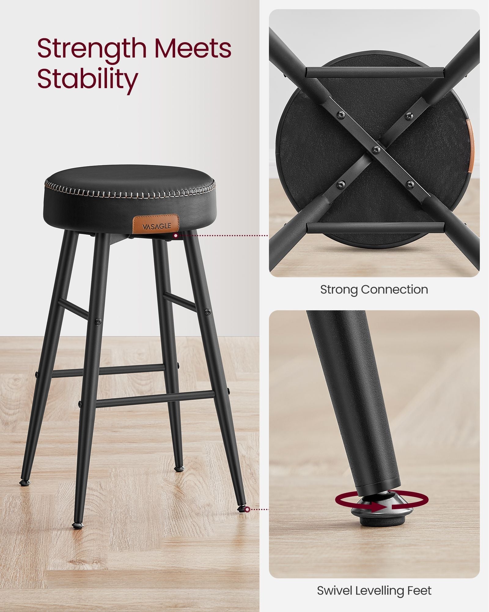 Bar Stools Set of 2 – Synthetic Leather – Black – 63 cm Tall with Easy Assembly