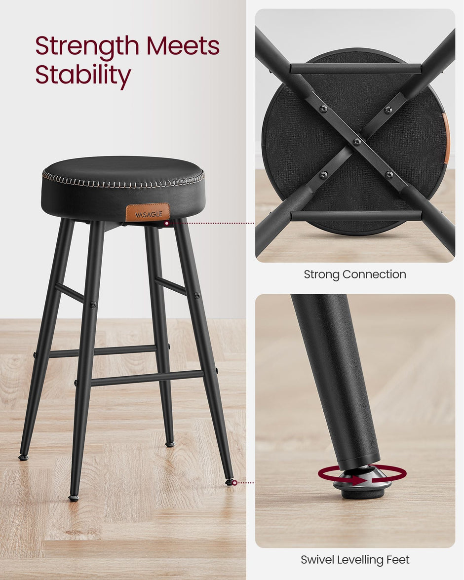 Bar Stools Set of 2 – Synthetic Leather – Black – 63 cm Tall with Easy Assembly
