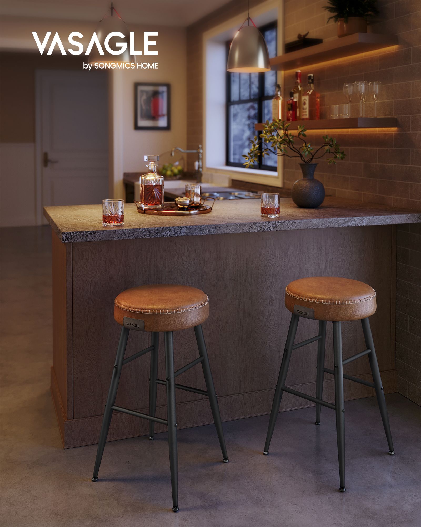 Bar Stools Set of 2 – Synthetic Leather – Black – 63 cm Tall with Easy Assembly