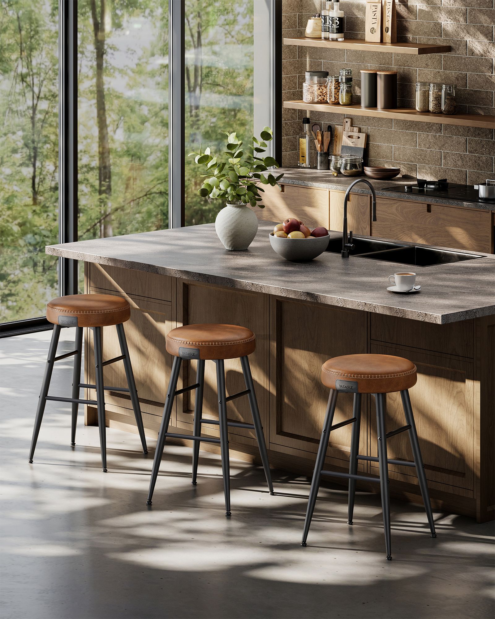 Bar Stools Set of 2 – Synthetic Leather – Black – 63 cm Tall with Easy Assembly