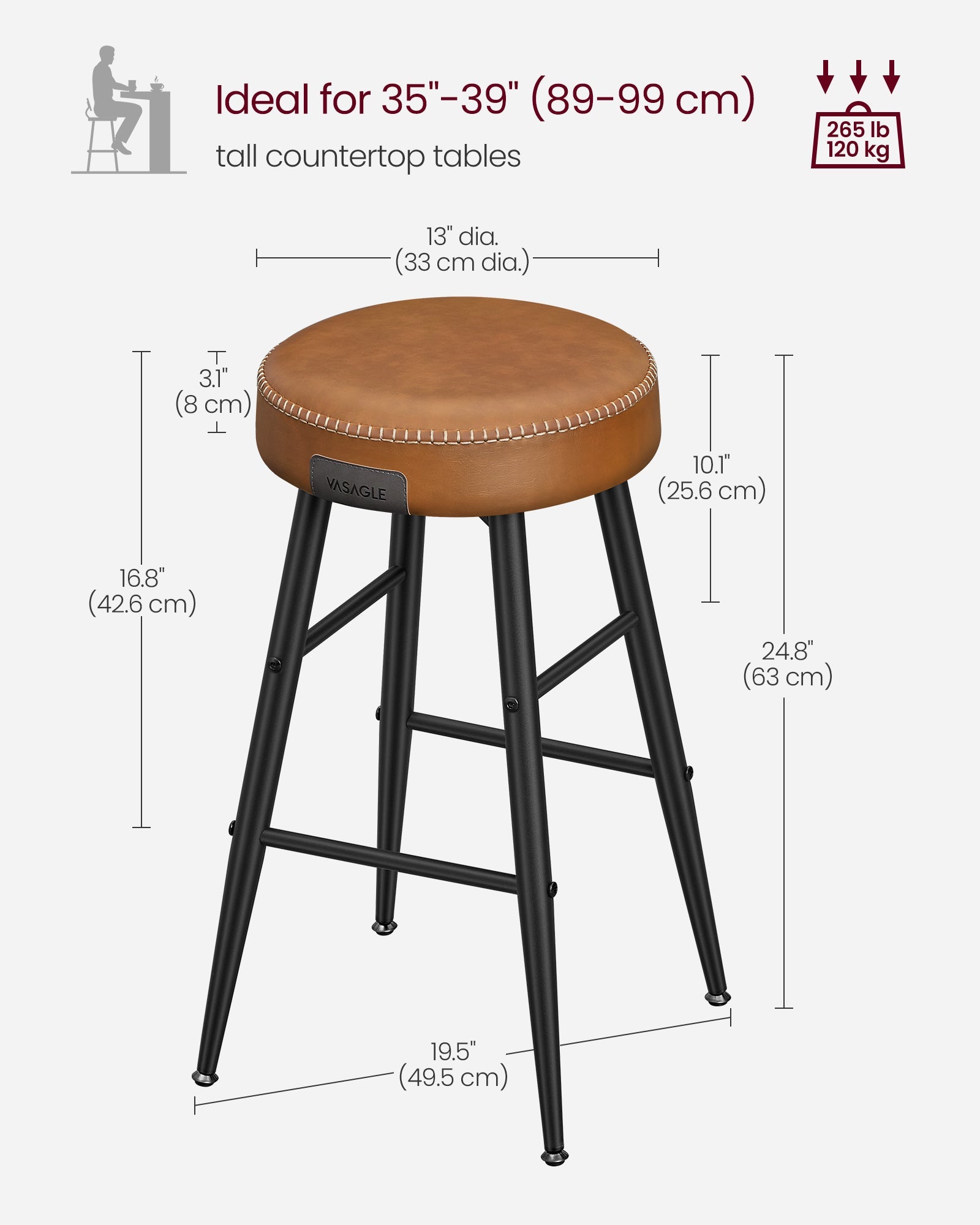Bar Stools Set of 2 – Synthetic Leather – Black – 63 cm Tall with Easy Assembly