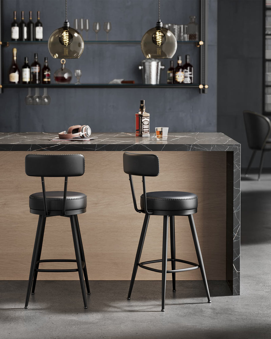 Swivel Bar Stools Set of 2 – Synthetic Leather – Caramel Brown – 360° Design