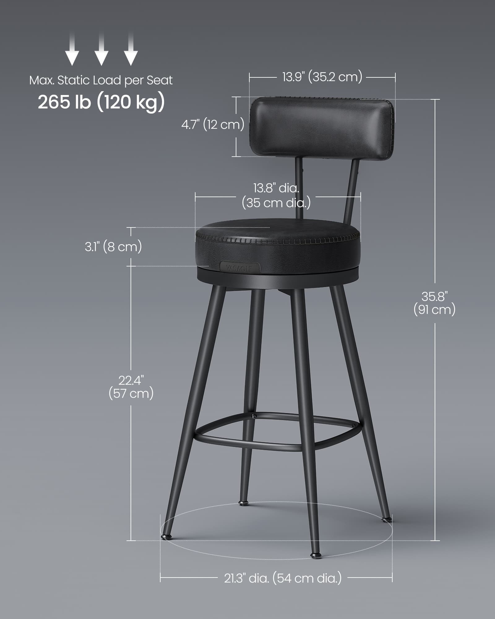Swivel Bar Stools Set of 2 – Synthetic Leather – Caramel Brown – 360° Design