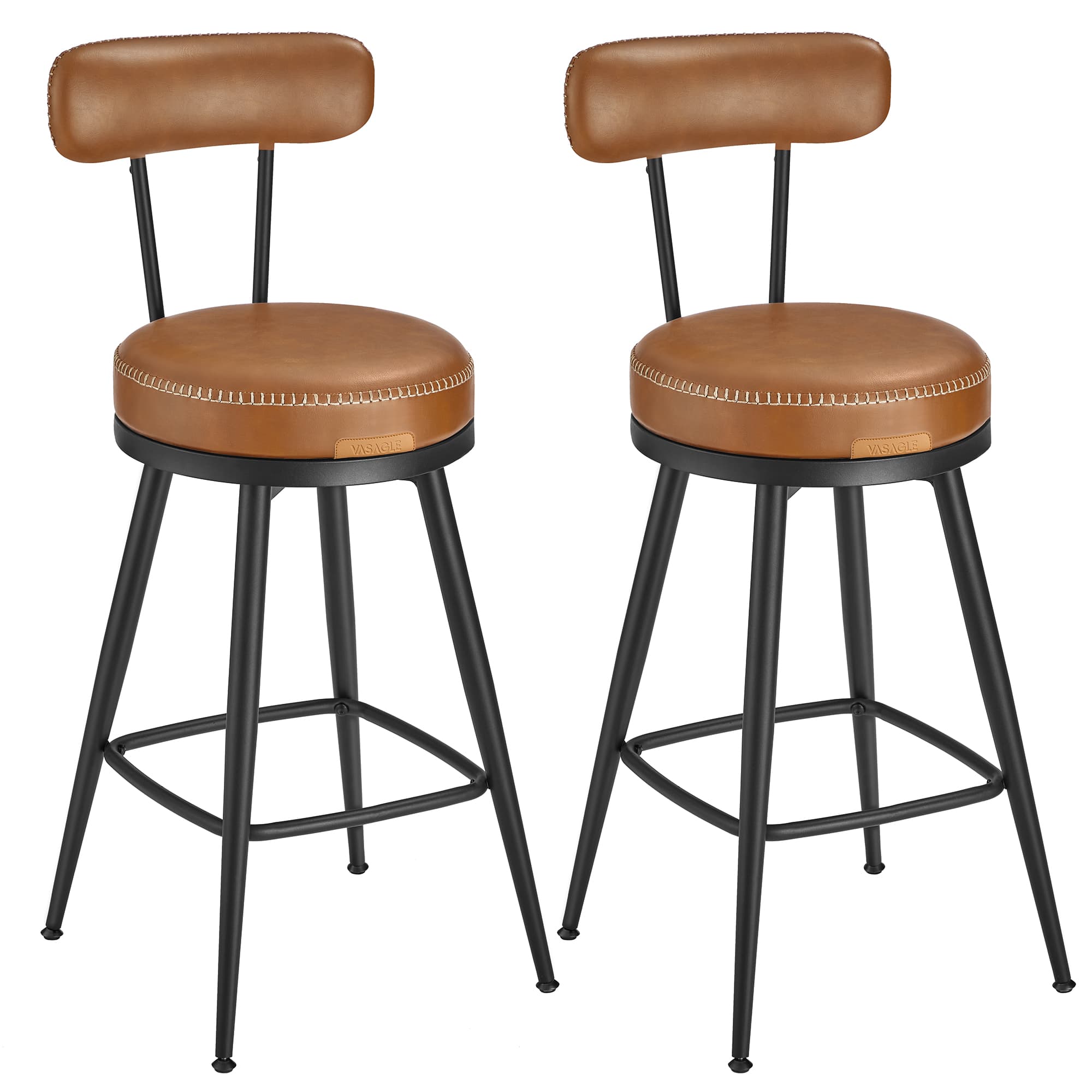 Swivel Bar Stools Set of 2 – Synthetic Leather – Caramel Brown – 360° Rotation, Mid-Century Modern Design, 76 cm Tall
