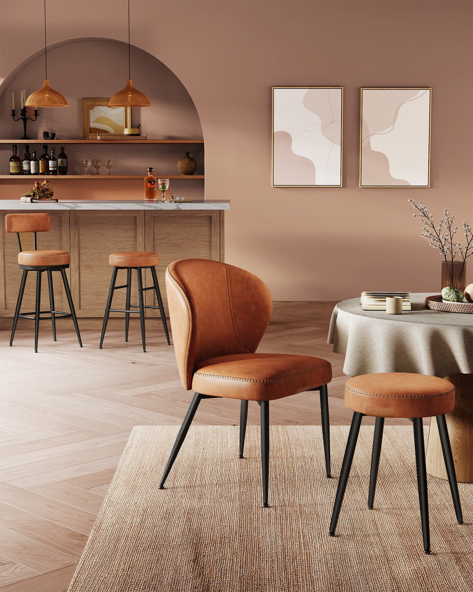 Swivel Bar Stools Set of 2 – Synthetic Leather – Caramel Brown – 360° Rotation, Mid-Century Modern Design, 76 cm Tall