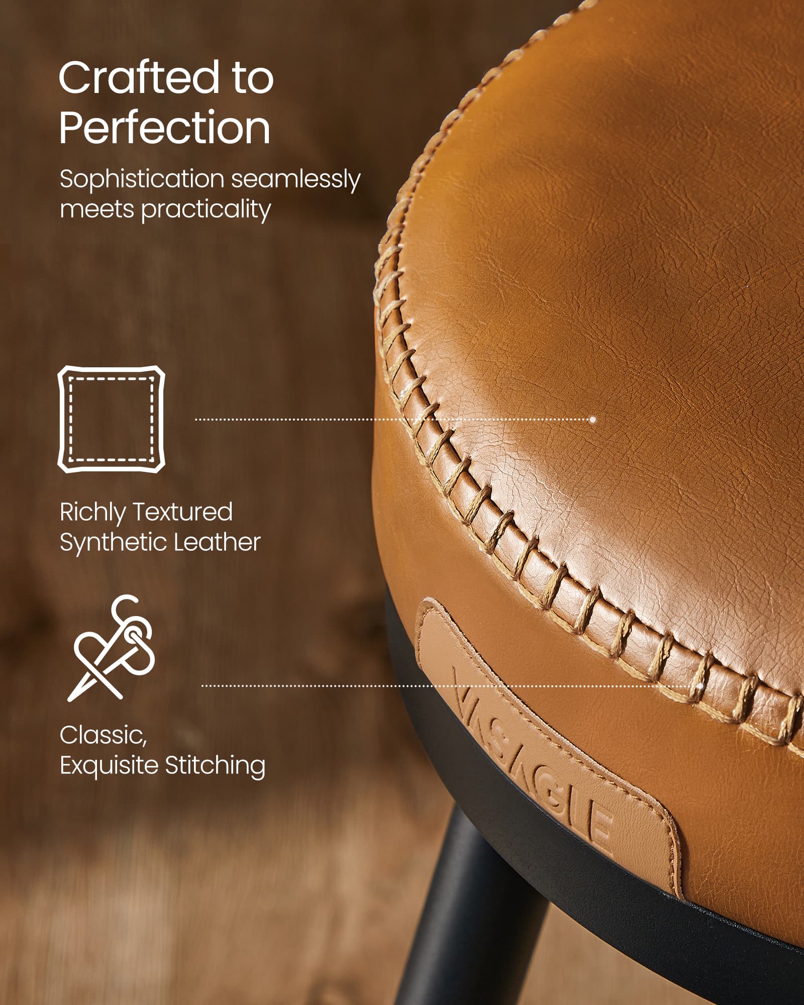 Swivel Bar Stools Set of 2 – Synthetic Leather – Caramel Brown – 360° Rotation, Mid-Century Modern Design, 76 cm Tall
