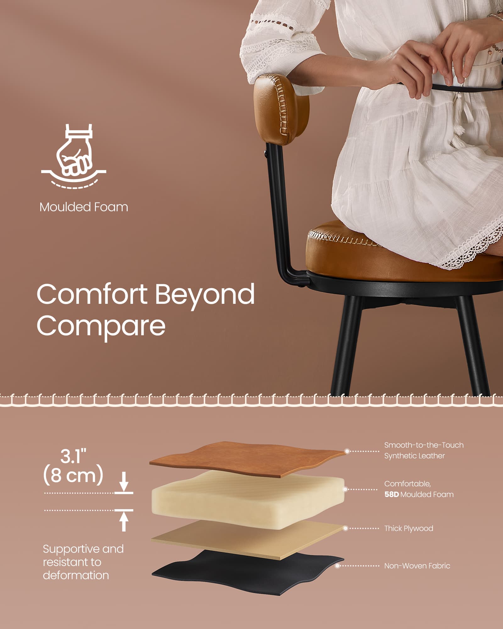 Swivel Bar Stools Set of 2 – Synthetic Leather – Caramel Brown – 360° Rotation, Mid-Century Modern Design, 76 cm Tall