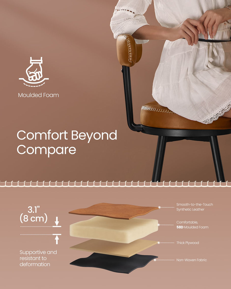 Swivel Bar Stools Set of 2 – Synthetic Leather – Caramel Brown – 360° Rotation, Mid-Century Modern Design, 76 cm Tall
