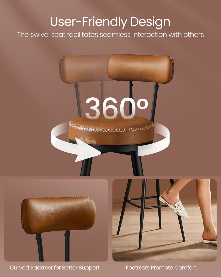 Swivel Bar Stools Set of 2 – Synthetic Leather – Caramel Brown – 360° Rotation, Mid-Century Modern Design, 76 cm Tall