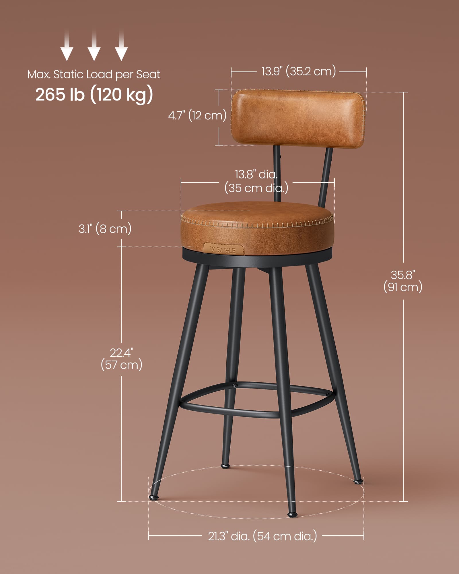 Swivel Bar Stools Set of 2 – Synthetic Leather – Caramel Brown – 360° Rotation, Mid-Century Modern Design, 76 cm Tall