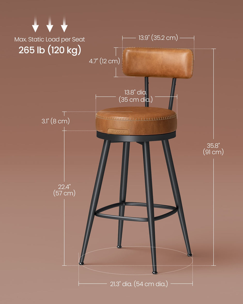 Swivel Bar Stools Set of 2 – Synthetic Leather – Caramel Brown – 360° Rotation, Mid-Century Modern Design, 76 cm Tall