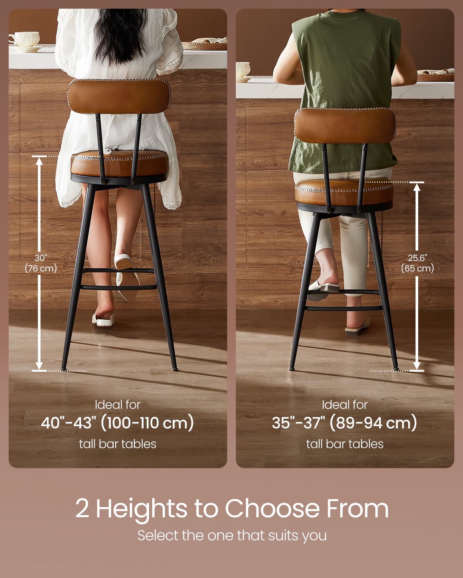 Swivel Bar Stools Set of 2 – Synthetic Leather – Caramel Brown – 360° Rotation, Mid-Century Modern Design, 76 cm Tall